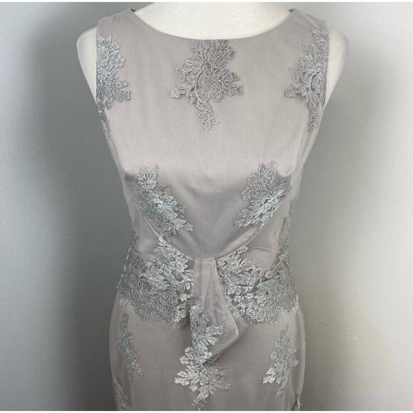 Eva Franco Silver Floral Embroidered Tulle Sleeveless Sheath Dress Size 2 - Picture 2 of 8